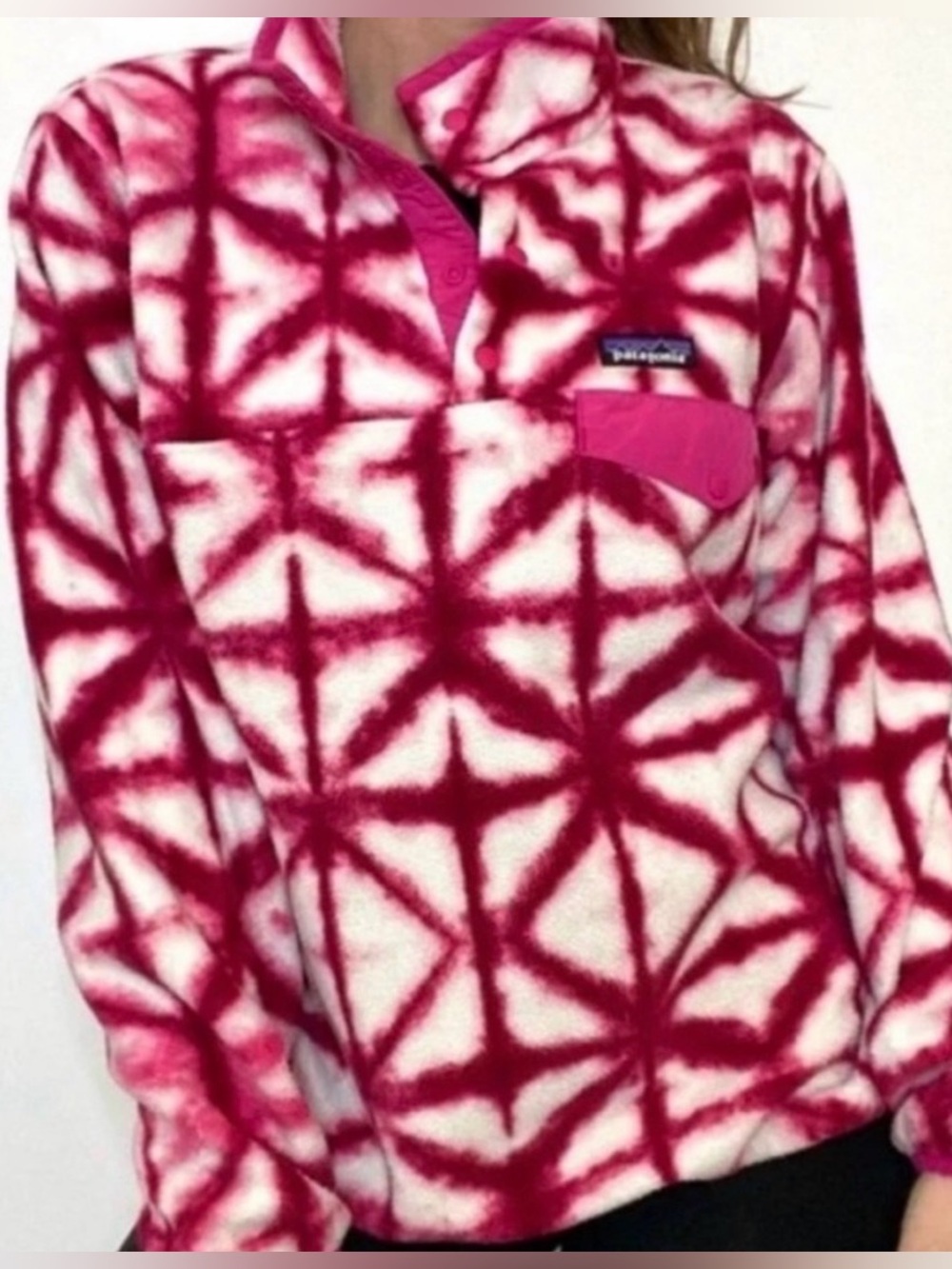 EUC Patagonia Lightweight Synchilla Snap-T Pullover pink white diamond Medium